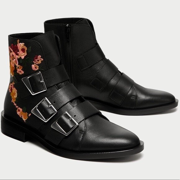 Size 7.5 (38) Zara Women’s Trafaluc Floral Embroidered Buckle Ankle Boots Black - Picture 3 of 13
